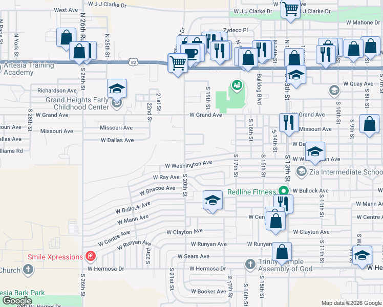 map of restaurants, bars, coffee shops, grocery stores, and more near 1920 Villa Drive in Artesia