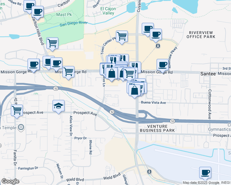 map of restaurants, bars, coffee shops, grocery stores, and more near 9651 Maccool Lane in Santee