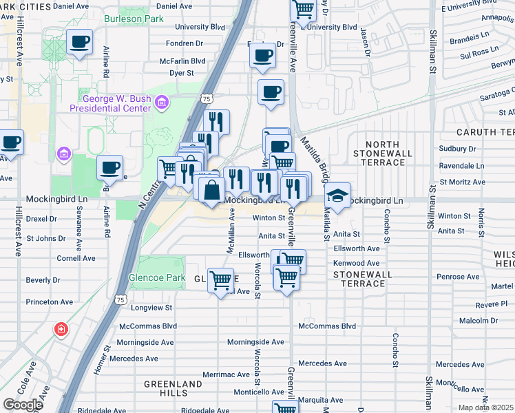 map of restaurants, bars, coffee shops, grocery stores, and more near 5556 East Mockingbird Lane in Dallas