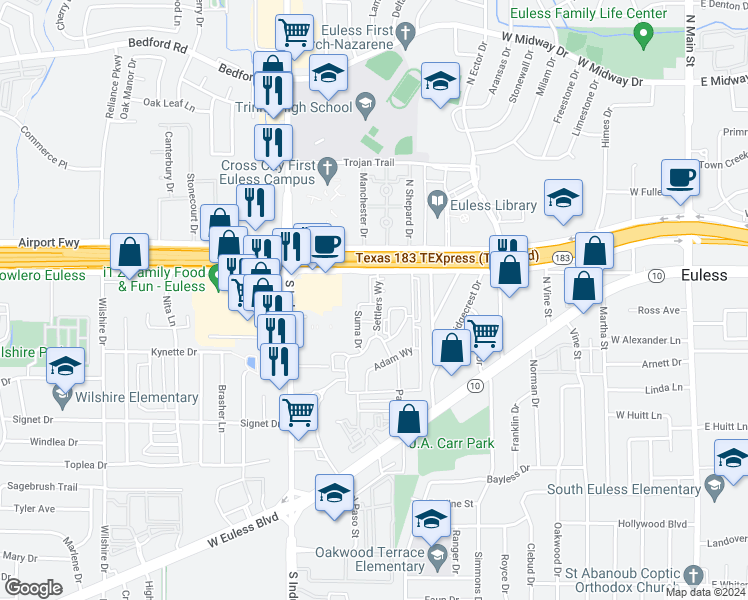 map of restaurants, bars, coffee shops, grocery stores, and more near 881 Airport Freeway in Euless