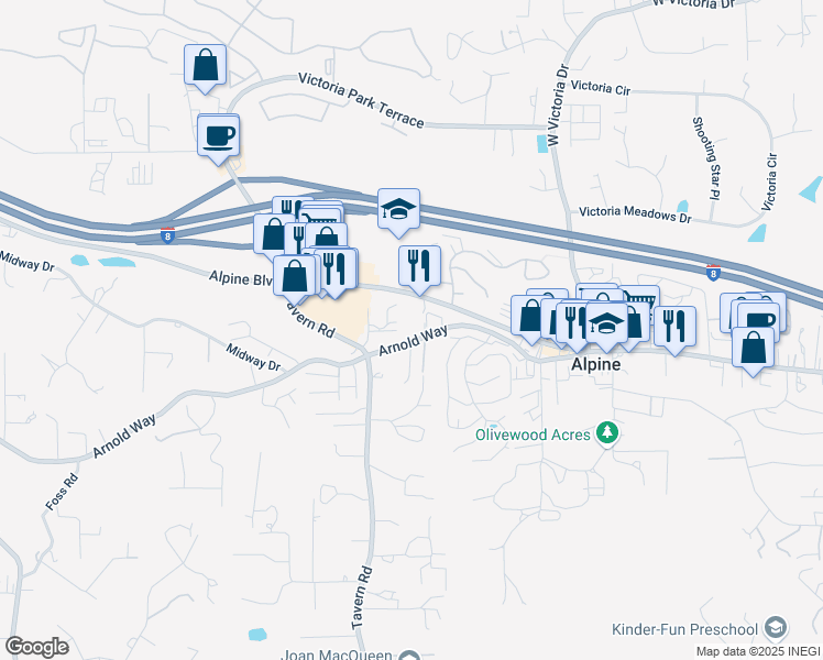 map of restaurants, bars, coffee shops, grocery stores, and more near 1849 Alpine Boulevard in Alpine