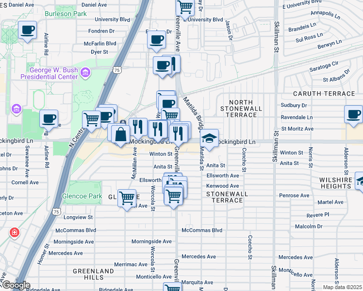 map of restaurants, bars, coffee shops, grocery stores, and more near 5726 East Mockingbird Lane in Dallas