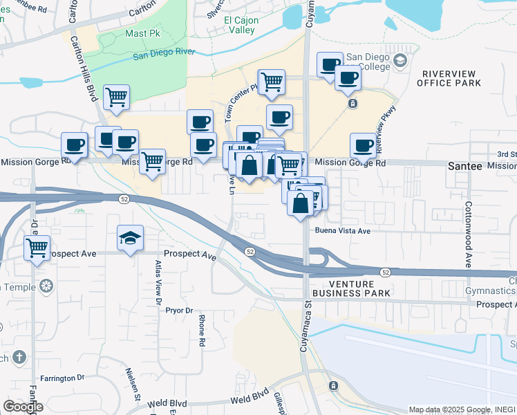 map of restaurants, bars, coffee shops, grocery stores, and more near 9651 Maccool Lane in Santee