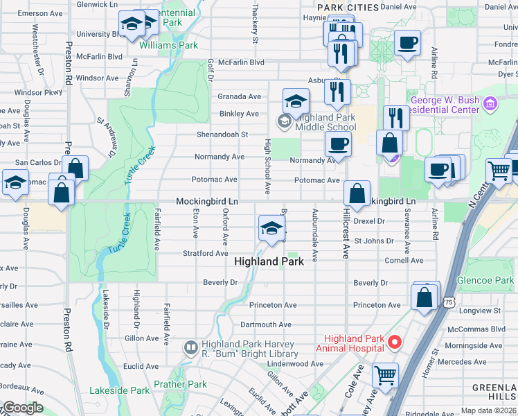 map of restaurants, bars, coffee shops, grocery stores, and more near 3600 Mockingbird Lane in Dallas