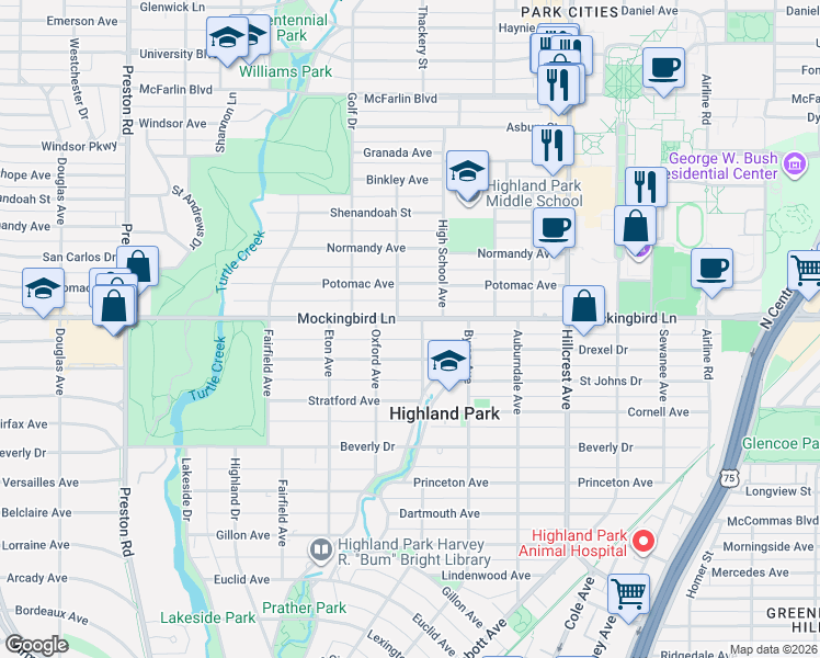 map of restaurants, bars, coffee shops, grocery stores, and more near 3645 Mockingbird Lane in Dallas