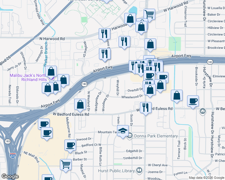 map of restaurants, bars, coffee shops, grocery stores, and more near 1412 Woodway Drive in Hurst