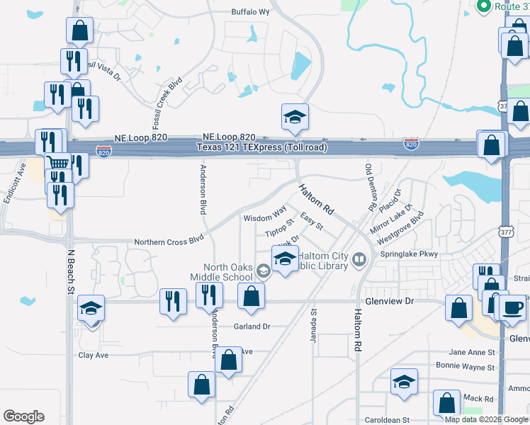 map of restaurants, bars, coffee shops, grocery stores, and more near 4513 Wisdom Way in Haltom City