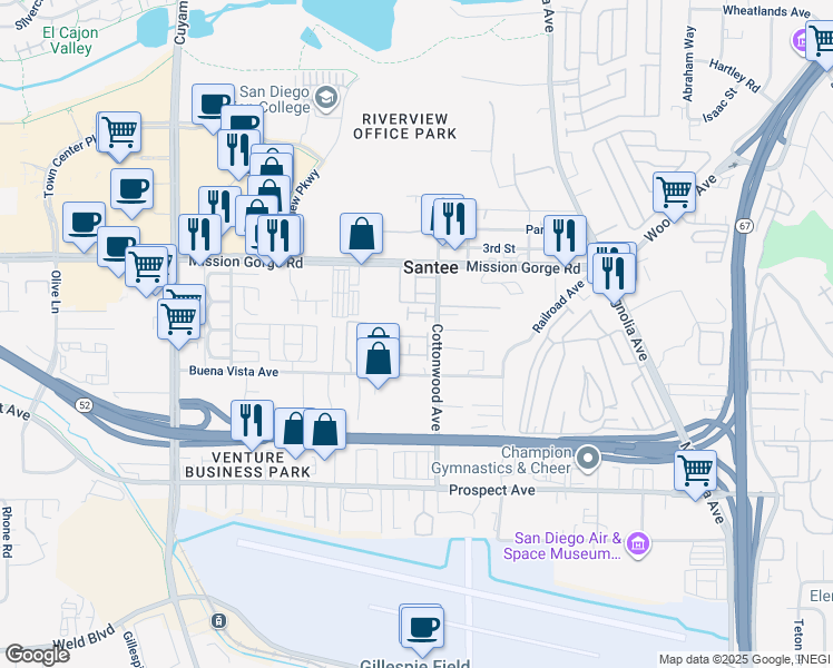 map of restaurants, bars, coffee shops, grocery stores, and more near 10236 Brightwood Lane in Santee