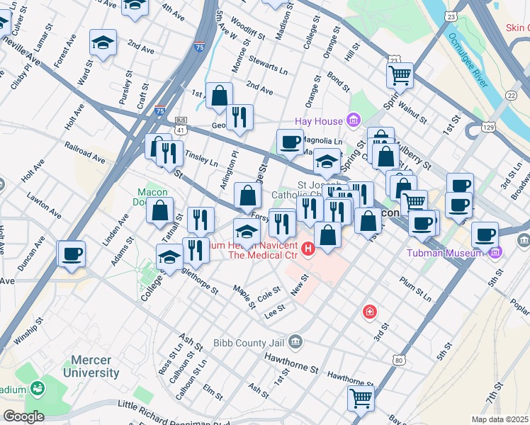 map of restaurants, bars, coffee shops, grocery stores, and more near 602 Orange Street Lane in Macon