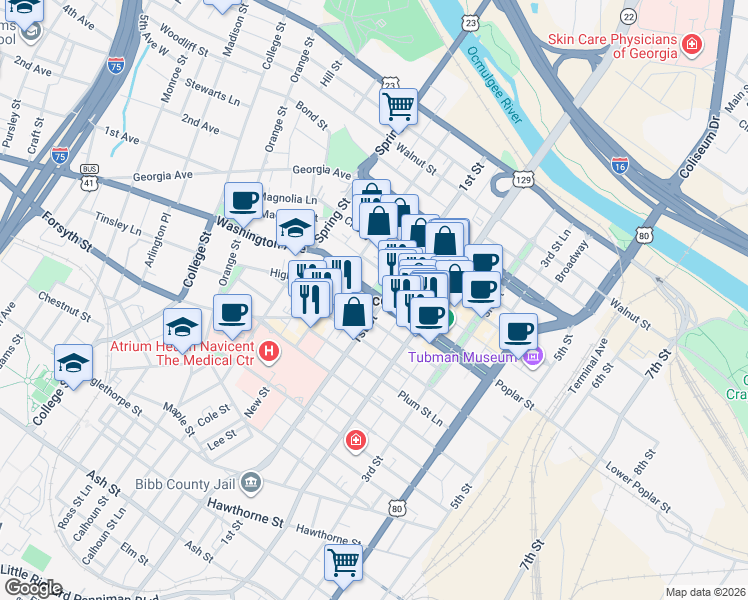 map of restaurants, bars, coffee shops, grocery stores, and more near in Macon