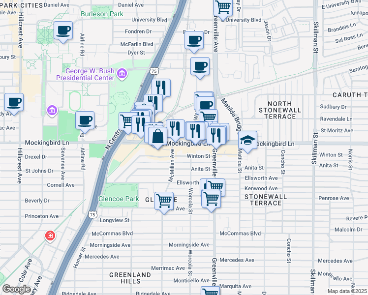 map of restaurants, bars, coffee shops, grocery stores, and more near 5516 East Mockingbird Lane in Dallas