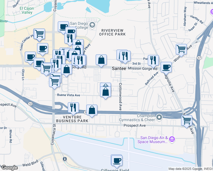 map of restaurants, bars, coffee shops, grocery stores, and more near 10165 Brightwood Lane in Santee