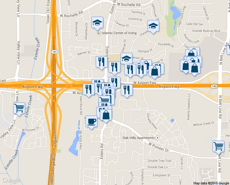 map of restaurants, bars, coffee shops, grocery stores, and more near 4104 W Airport Fwy in Irving