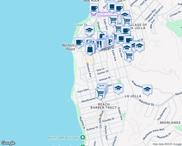 map of restaurants, bars, coffee shops, grocery stores, and more near 445 Sea Lane in San Diego