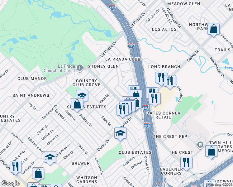 map of restaurants, bars, coffee shops, grocery stores, and more near 5334 Riverport Drive in Mesquite