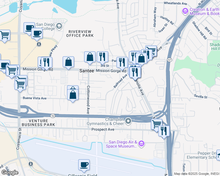 map of restaurants, bars, coffee shops, grocery stores, and more near 8802 Railroad Avenue in Santee