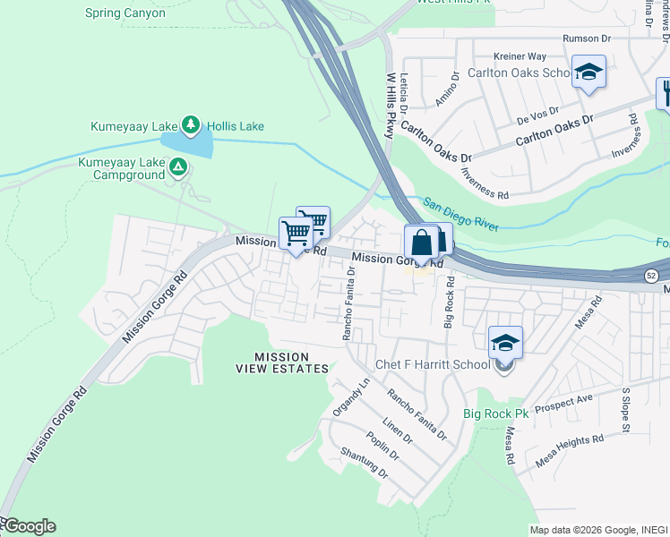 map of restaurants, bars, coffee shops, grocery stores, and more near 7827 Rancho Fanita Drive in Santee