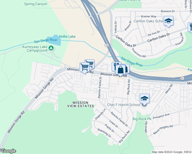 map of restaurants, bars, coffee shops, grocery stores, and more near 7827 Rancho Fanita Drive in Santee
