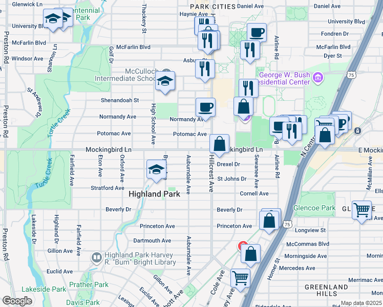 map of restaurants, bars, coffee shops, grocery stores, and more near 3437 Mockingbird Lane in Dallas