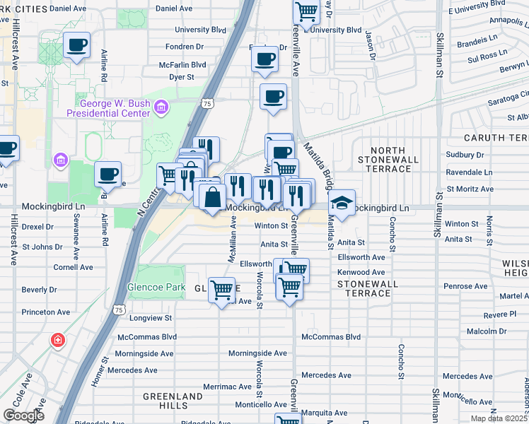 map of restaurants, bars, coffee shops, grocery stores, and more near 5516 East Mockingbird Lane in Dallas