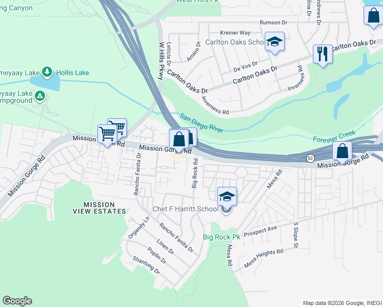 map of restaurants, bars, coffee shops, grocery stores, and more near 8042 Mission Gorge Road in Santee