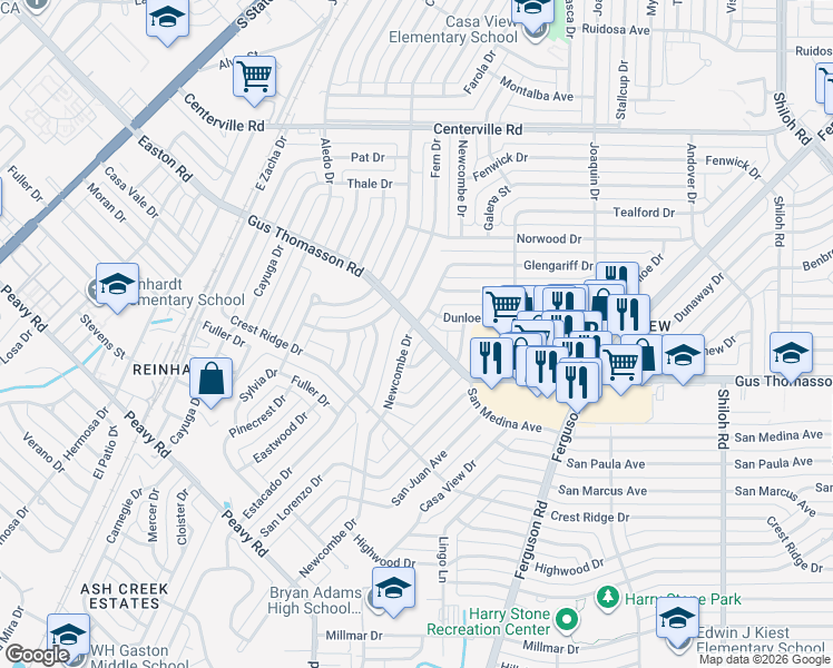 map of restaurants, bars, coffee shops, grocery stores, and more near 2115 Gus Thomasson Road in Dallas