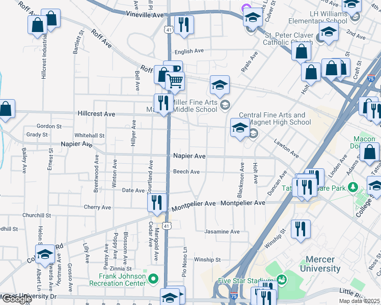 map of restaurants, bars, coffee shops, grocery stores, and more near 2497 Napier Avenue in Macon