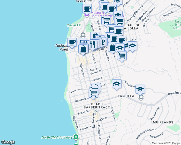 map of restaurants, bars, coffee shops, grocery stores, and more near 526 Genter Street in San Diego