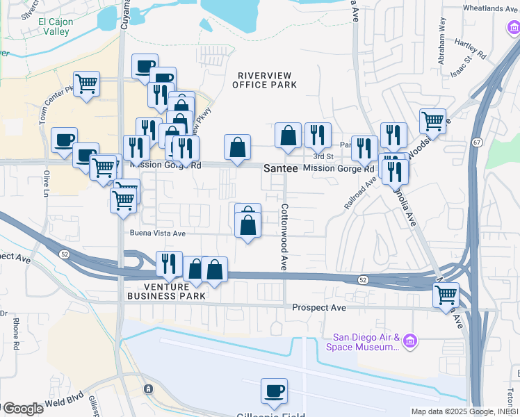 map of restaurants, bars, coffee shops, grocery stores, and more near 10210 Brightwood Lane in Santee