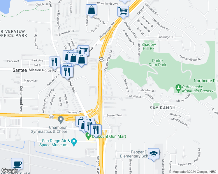 map of restaurants, bars, coffee shops, grocery stores, and more near 8761 Graves Avenue in Santee