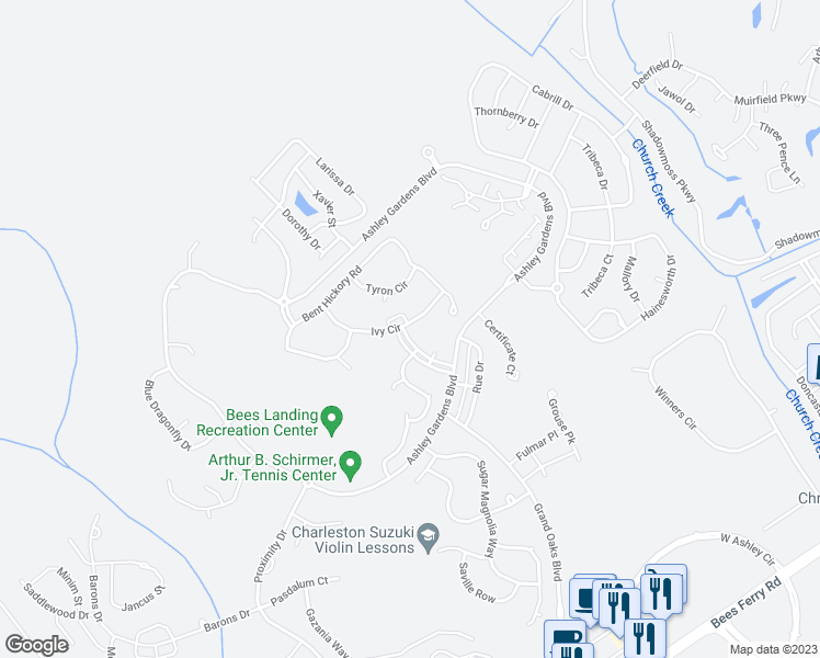map of restaurants, bars, coffee shops, grocery stores, and more near 124 Walnut Creek Road in Charleston