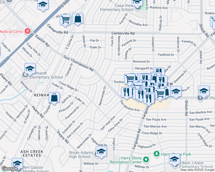 map of restaurants, bars, coffee shops, grocery stores, and more near 2115 Gus Thomasson Road in Dallas