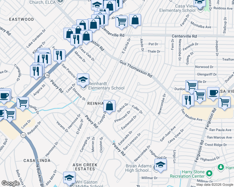 map of restaurants, bars, coffee shops, grocery stores, and more near 1614 Crest Ridge Drive in Dallas