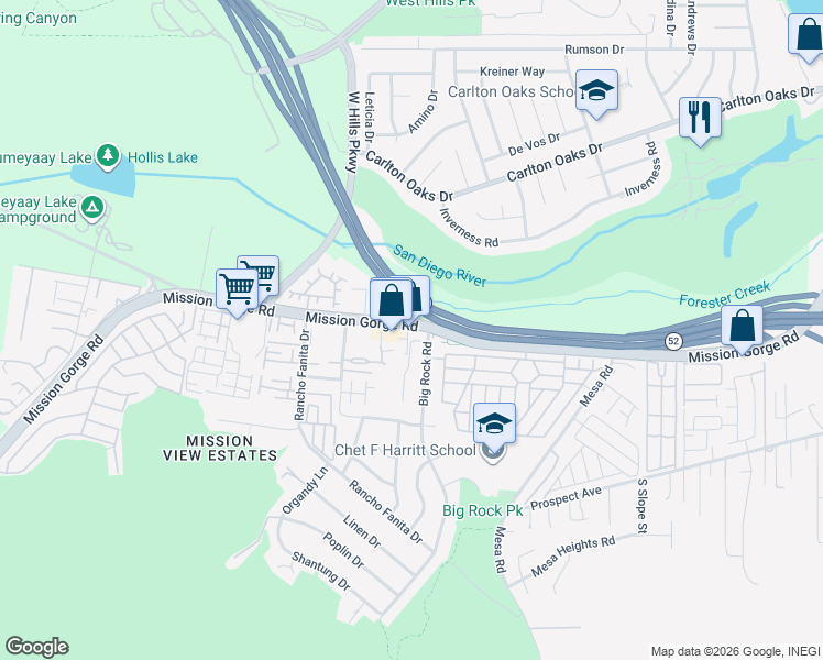 map of restaurants, bars, coffee shops, grocery stores, and more near 8042 Mission Gorge Road in Santee