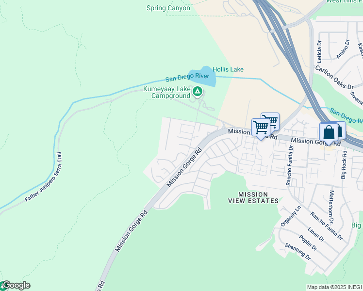 map of restaurants, bars, coffee shops, grocery stores, and more near 7458 Fortuna Vista Court in Santee