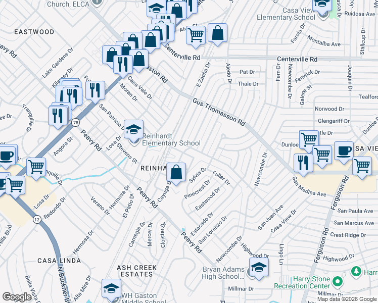 map of restaurants, bars, coffee shops, grocery stores, and more near 1614 Crest Ridge Drive in Dallas
