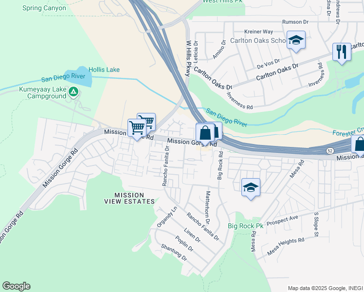 map of restaurants, bars, coffee shops, grocery stores, and more near 7941 Mission Gorge Road in Santee