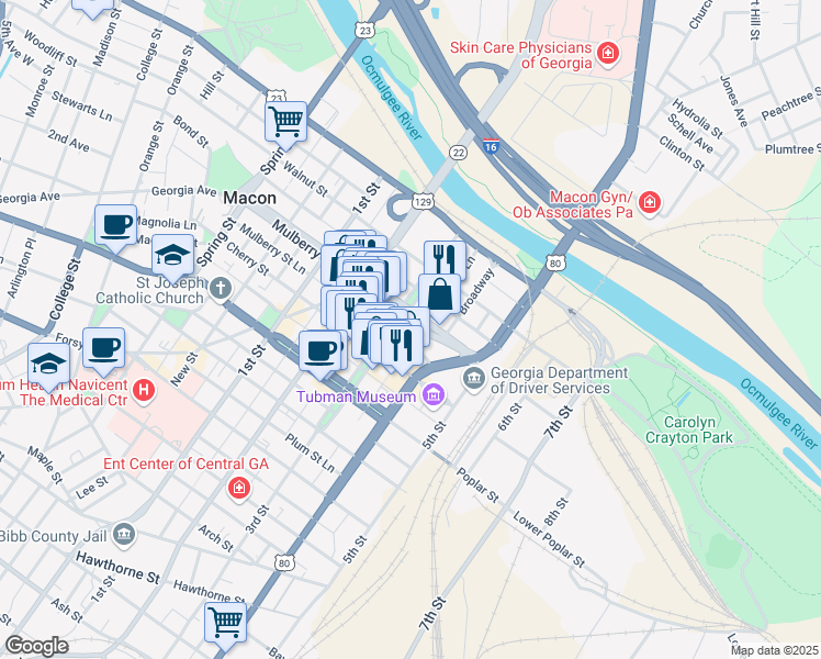 map of restaurants, bars, coffee shops, grocery stores, and more near 484 Mulberry Street in Macon