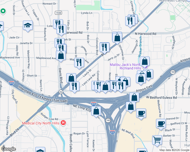 map of restaurants, bars, coffee shops, grocery stores, and more near 4916 Colorado Boulevard in North Richland Hills