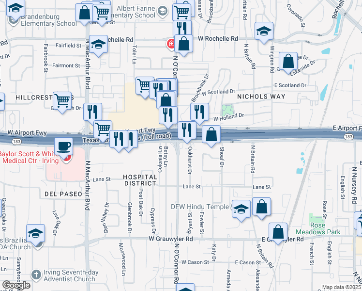 map of restaurants, bars, coffee shops, grocery stores, and more near 2106 North O'Connor Road in Irving