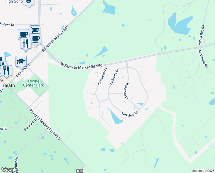 map of restaurants, bars, coffee shops, grocery stores, and more near 130 Yorkshire Drive in Heath