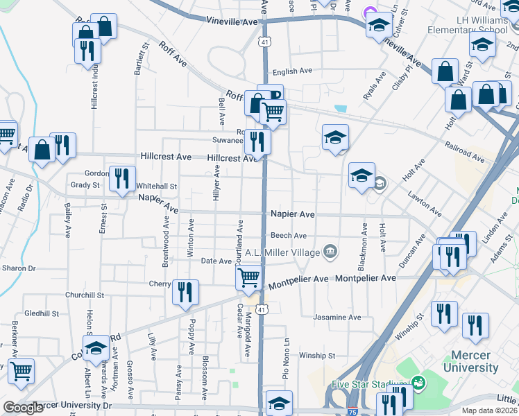 map of restaurants, bars, coffee shops, grocery stores, and more near 1095 Pio Nono Avenue in Macon