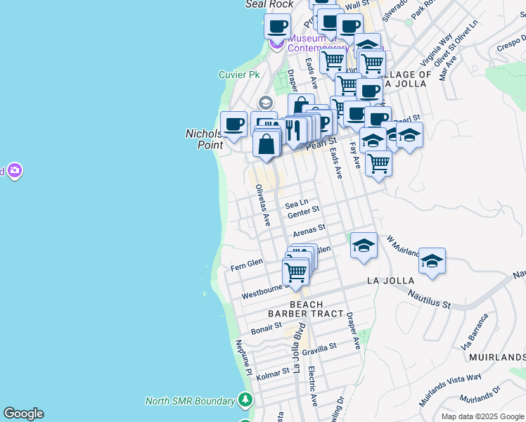 map of restaurants, bars, coffee shops, grocery stores, and more near 438 Sea Lane in San Diego