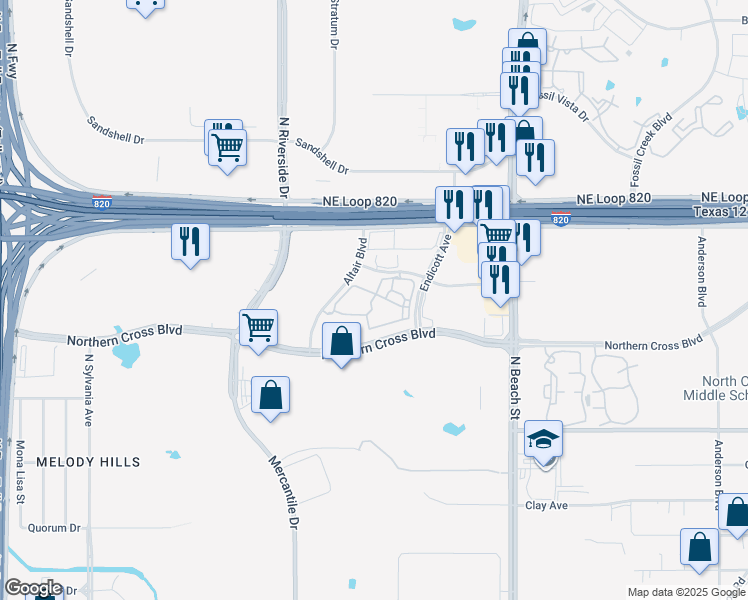 map of restaurants, bars, coffee shops, grocery stores, and more near 3532 Aquilla Lane in Fort Worth