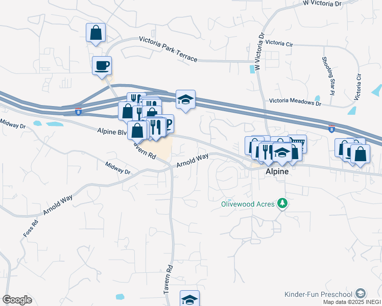 map of restaurants, bars, coffee shops, grocery stores, and more near 1950 Arnold Way in Alpine