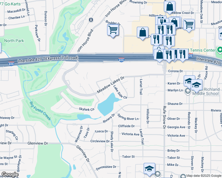 map of restaurants, bars, coffee shops, grocery stores, and more near 4904 Pebble Court in Fort Worth