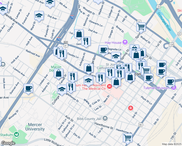 map of restaurants, bars, coffee shops, grocery stores, and more near 1193 Forsyth Street in Macon