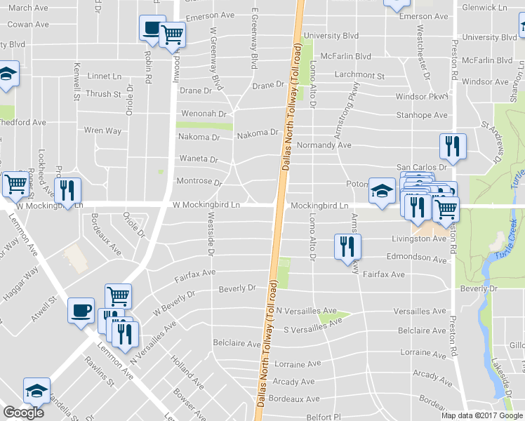 map of restaurants, bars, coffee shops, grocery stores, and more near 4613 Mockingbird Ln in Dallas