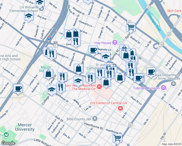 map of restaurants, bars, coffee shops, grocery stores, and more near 642 Orange Street in Macon