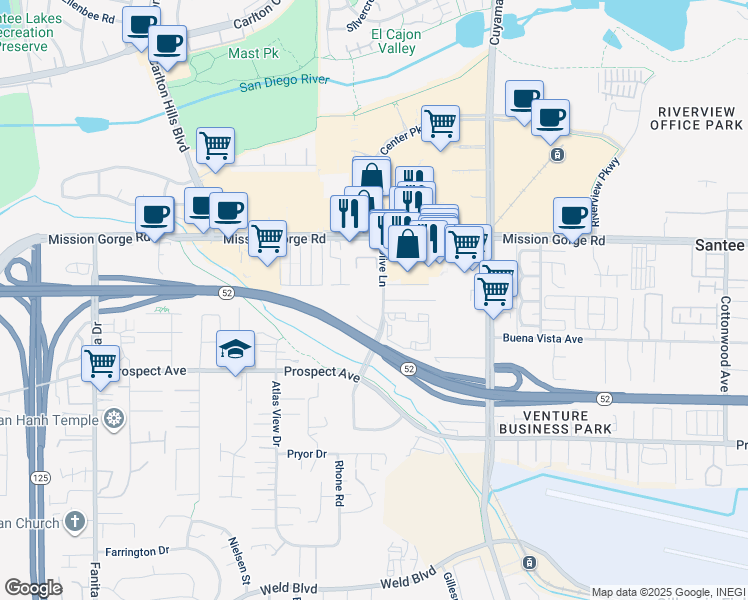 map of restaurants, bars, coffee shops, grocery stores, and more near 8832 Olive Lane in Santee